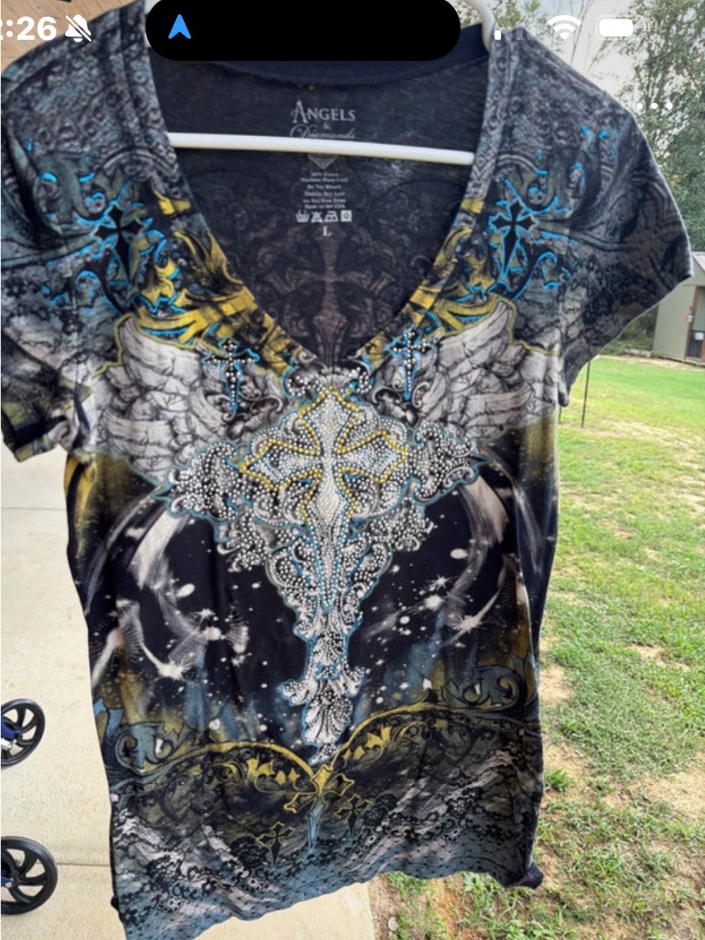 Angels & Diamonds Black V-Neck Tee with Rhinestone Winged Cross